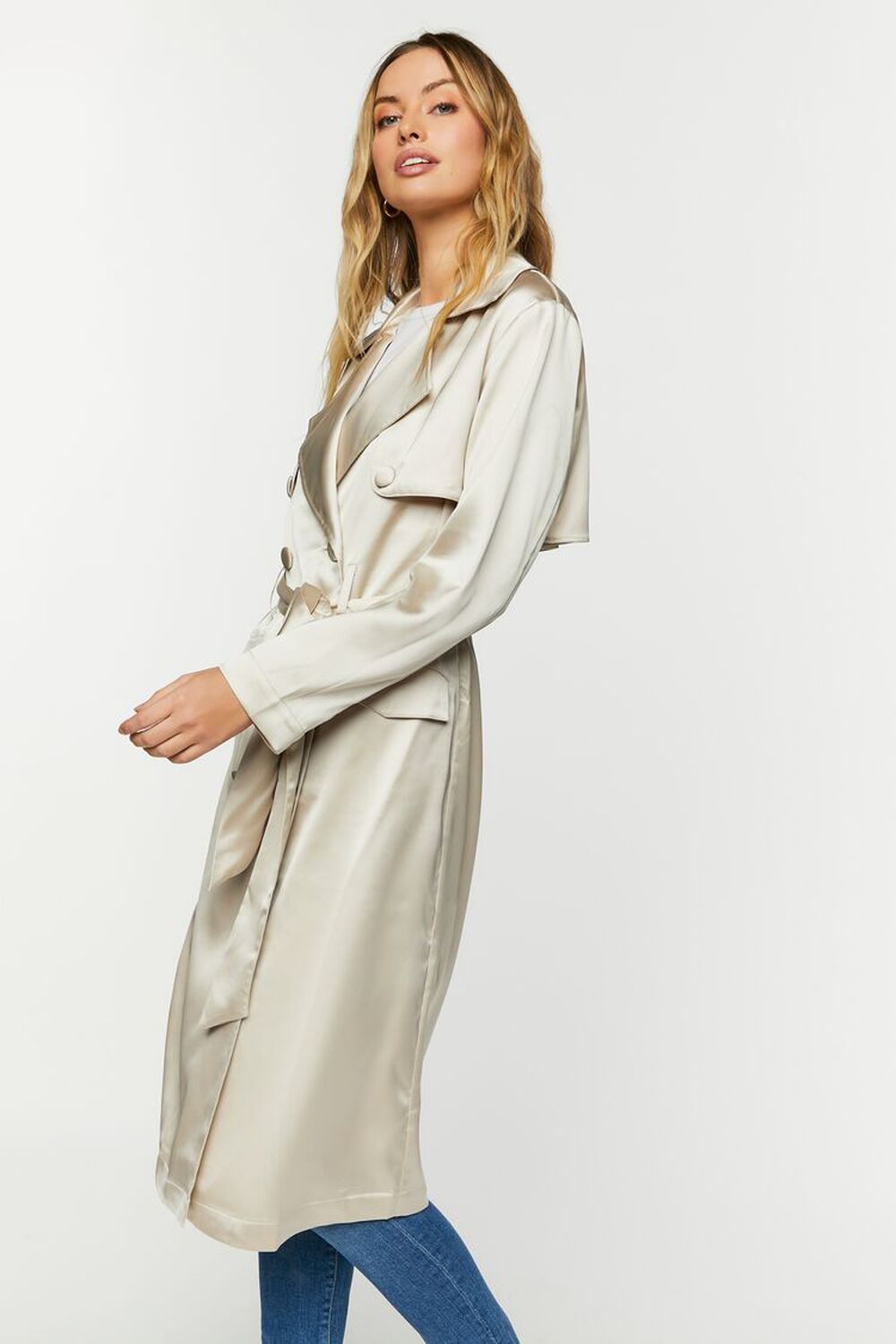 GREY Satin Double-Breasted Trench Coat, image 2