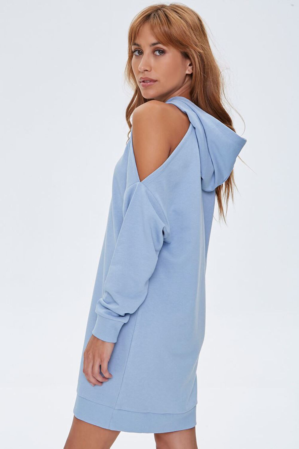 DUSTY BLUE Open-Shoulder Hoodie Dress, image 2