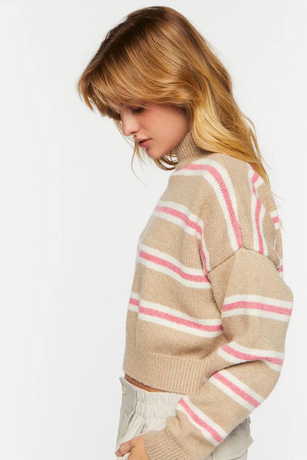 KHAKI/PEONY Striped Mock Neck Sweater, image 2