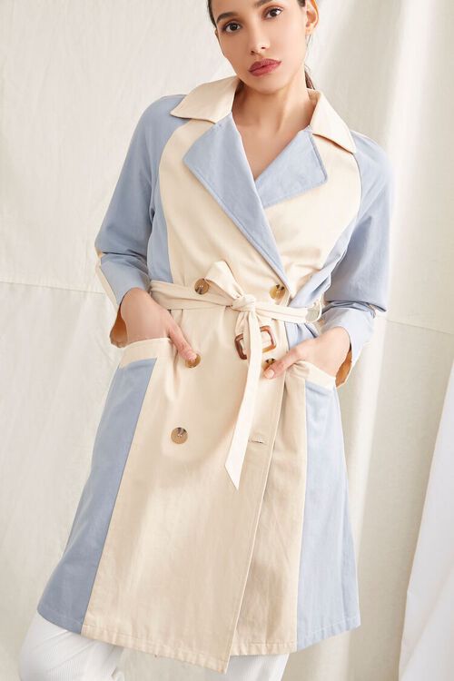 KHAKI/BLUE Colorblock Belted Trench Coat, image 5