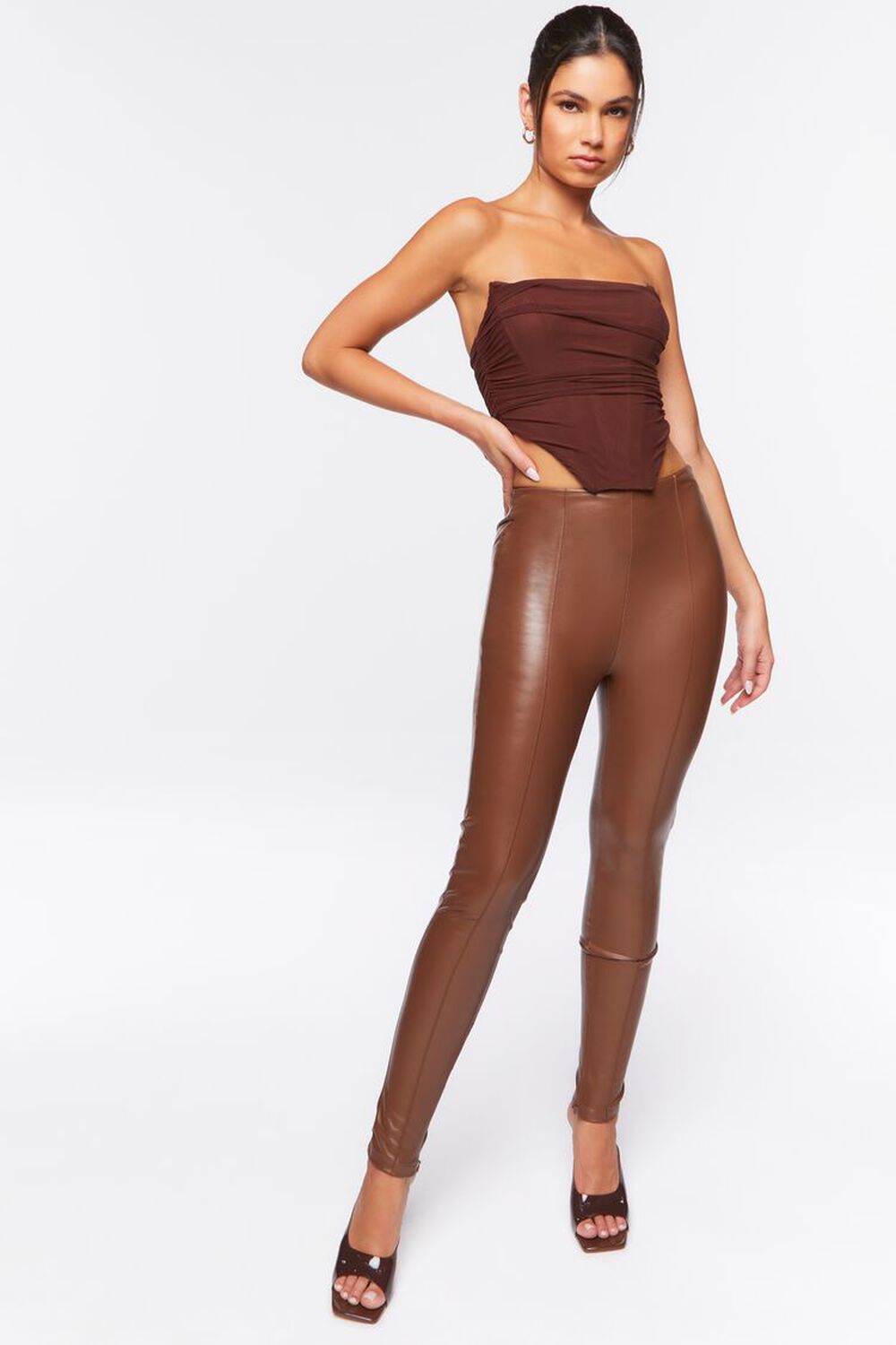 BROWN Faux Leather Skinny Ankle Pants, image 1