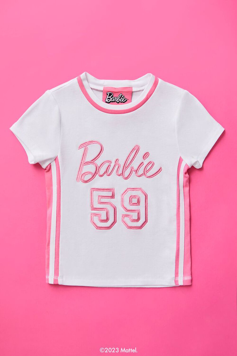 WHITE/PINK Girls Embroidered Barbie Tee (Kids), image 1
