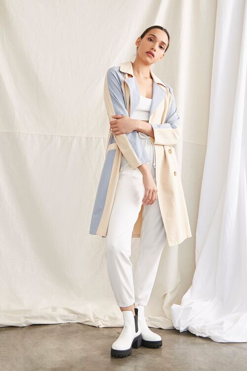 KHAKI/BLUE Colorblock Belted Trench Coat, image 4