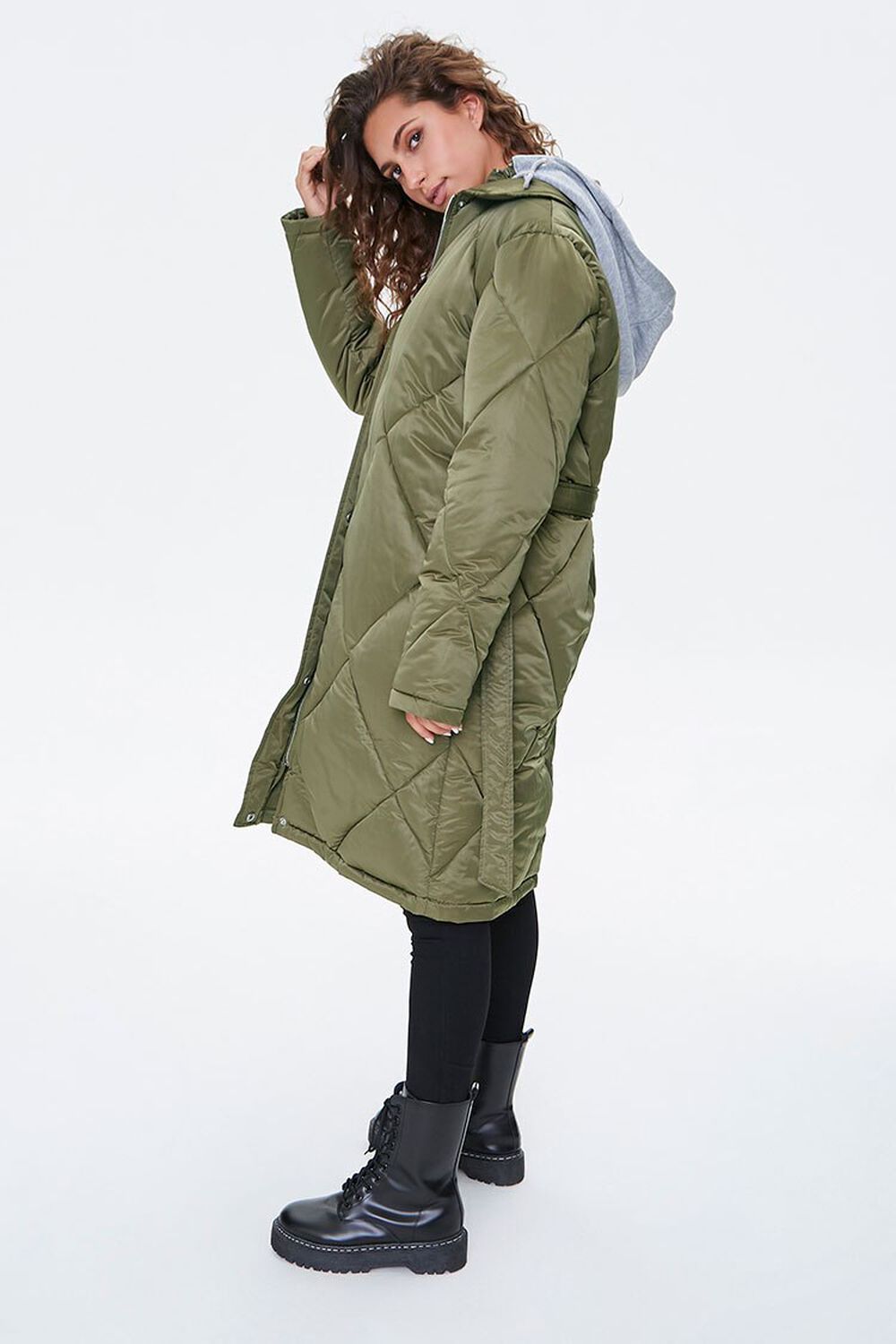 OLIVE/HEATHER GREY Longline Quilted Puffer Jacket, image 3