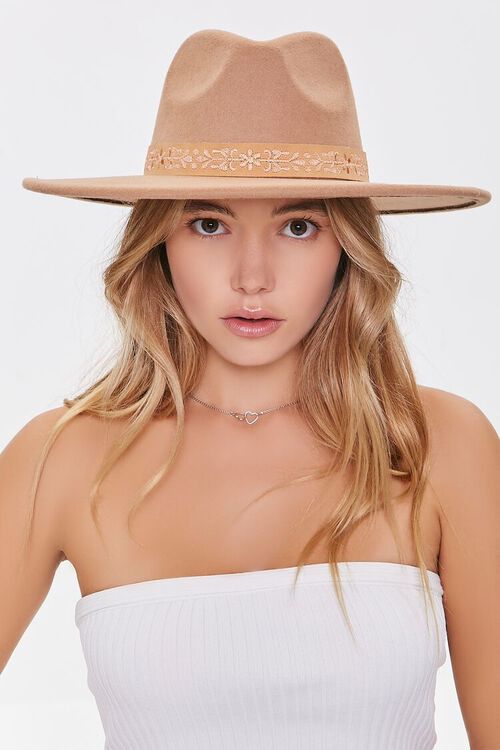 TAN Embroidered Floral-Trim Fedora, image 2