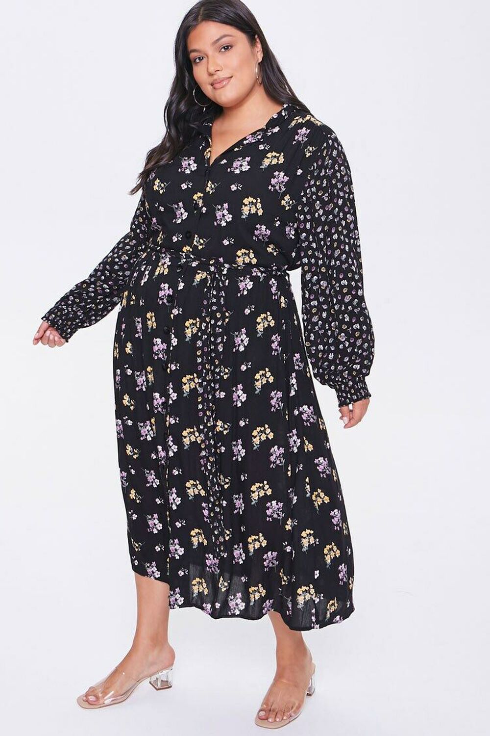 BLACK/MULTI Plus Size Floral Print Buttoned Dress, image 1