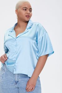 LIGHT BLUE Plus Size Cropped Satin Shirt, image 1
