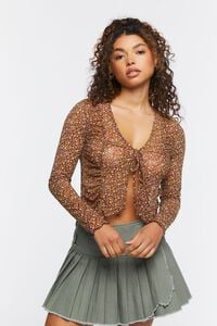 BROWN/MULTI Ditsy Floral Tie-Front Mesh Top, image 1