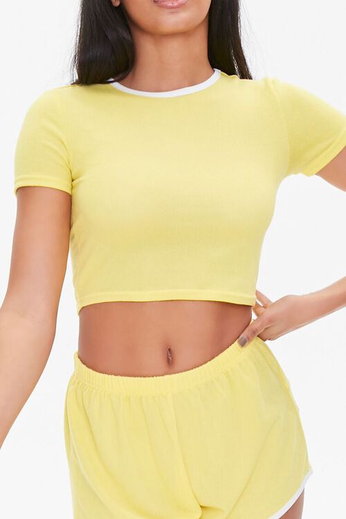 YELLOW/WHITE Contrast-Trim Cropped Tee & Shorts Set, image 5
