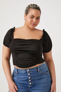 Plus Size Ruched Puff-Sleeve Crop Top, image 1