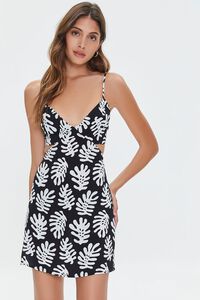 BLACK/MULTI Tropical Leaf Print Mini Dress, image 1