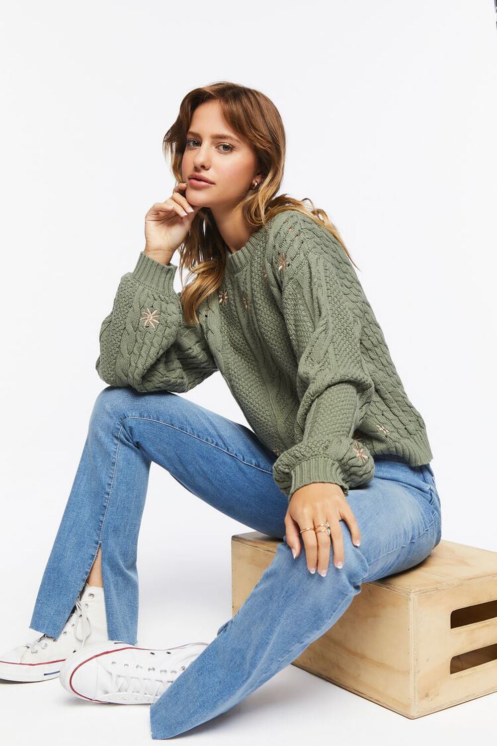 GREEN/TAN Embroidered Floral Cable Knit Sweater, image 1