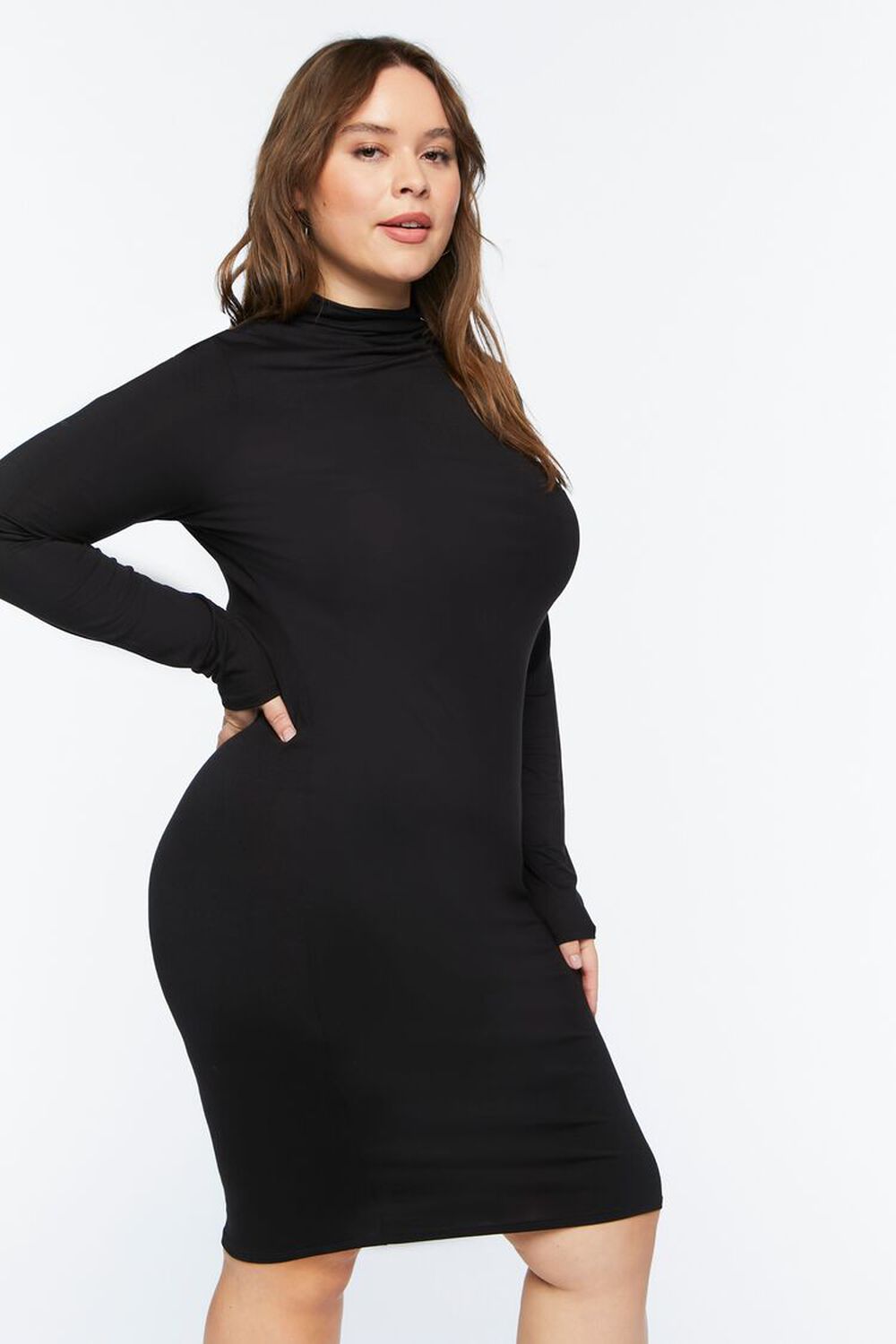 Plus Size Turtleneck Long-Sleeve Midi Dress