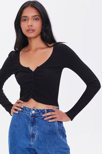 BLACK Ruched Button-Up Top, image 1