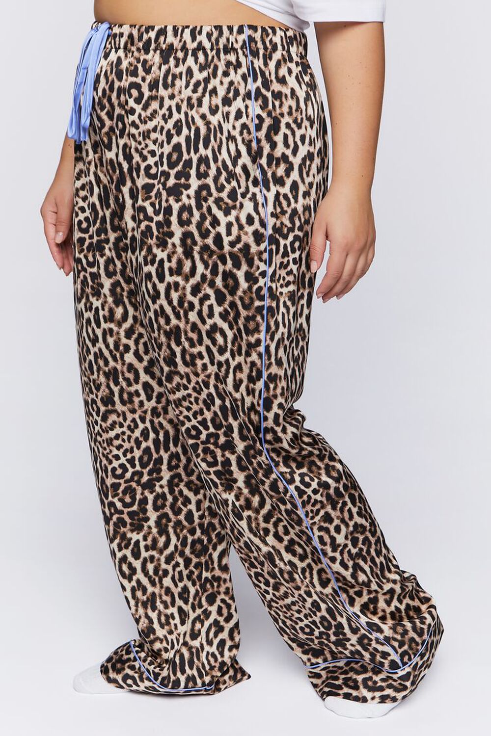 TAN/MULTI Plus Size Satin Leopard Pajama Pants, image 3