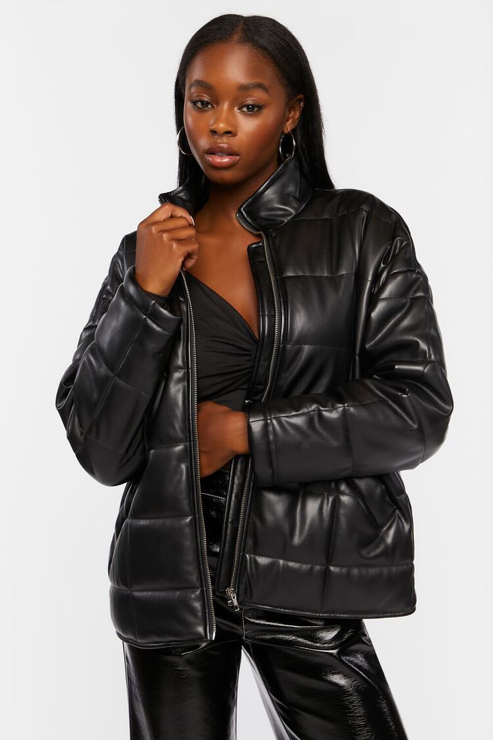 Faux Leather Quilted Zip-Up Jacket, image 1