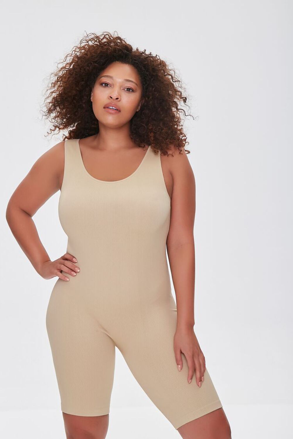 TAUPE Plus Size Sleeveless Fitted Romper, image 1