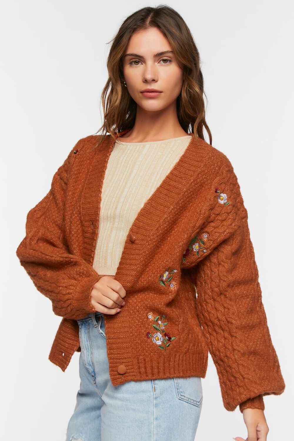 RUST/MULTI Floral Embroidered Cardigan Sweater, image 3