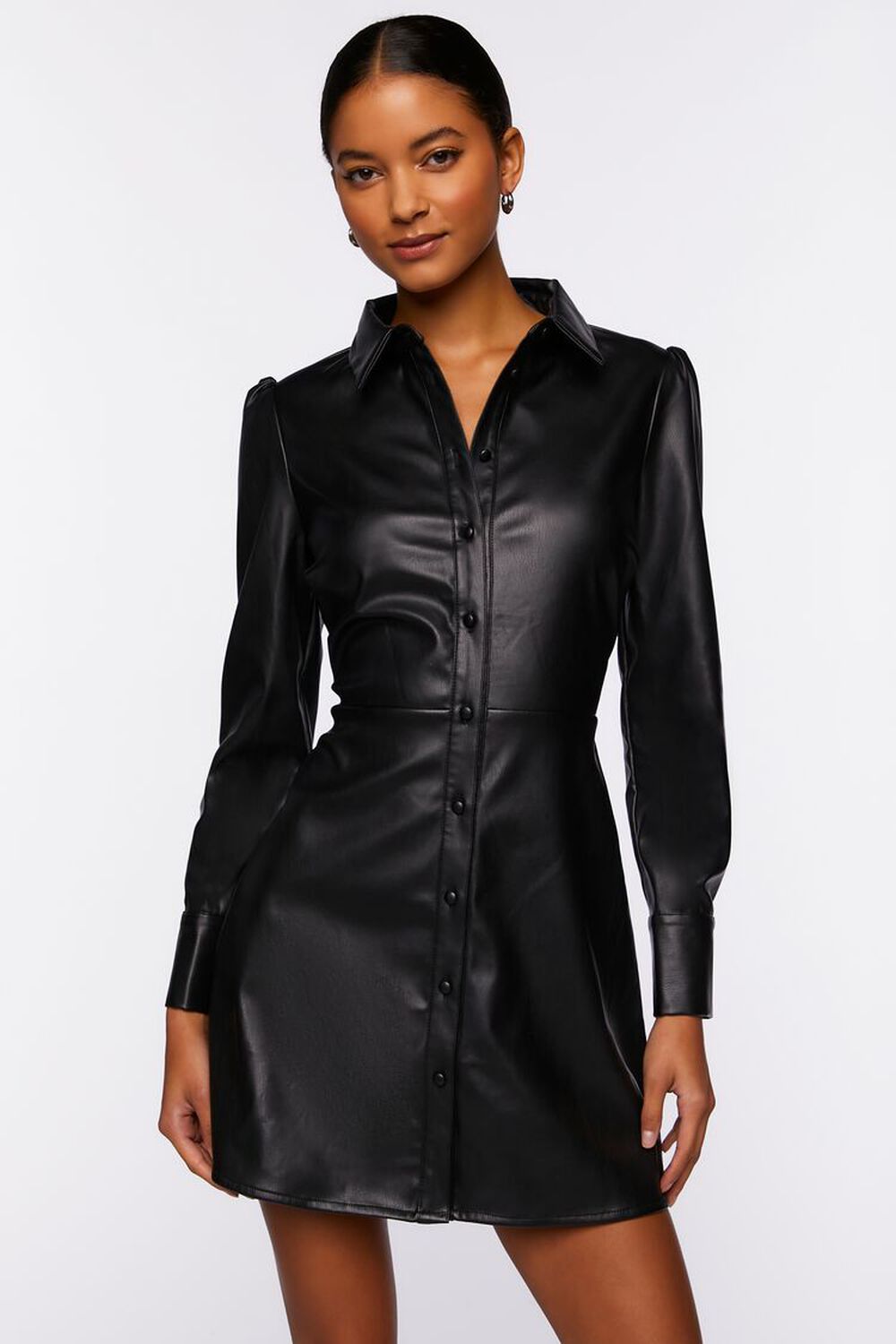 Black Faux Leather Long Sleeve Button Up Detail Dress