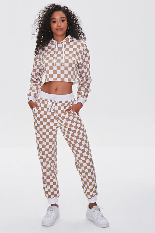 TAUPE/WHITE Checkered Print Joggers, image 1