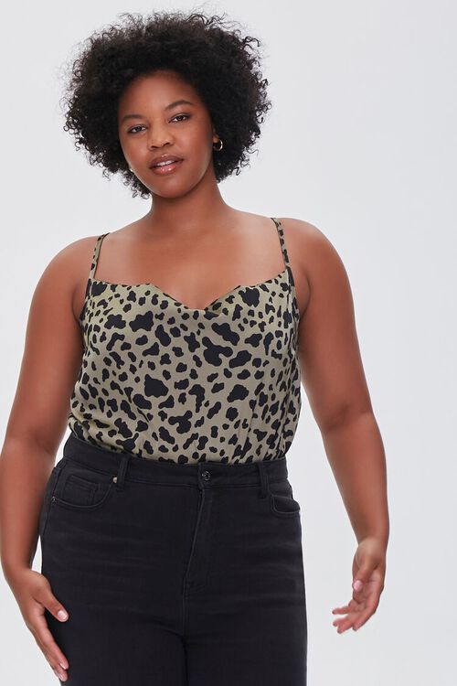 OLIVE/BLACK Plus Size Satin Leopard Print Bodysuit, image 1
