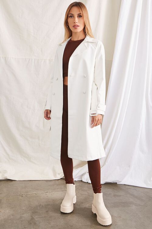 WHITE Faux Leather Double-Breasted Trench Coat, image 4