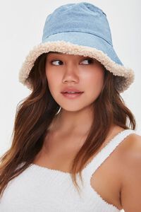 BLUE/BEIGE Denim Faux Shearling-Lined Bucket Hat, image 1