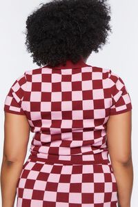 PINK/MAROON Plus Size Checkered Sweater-Knit Polo Shirt, image 3
