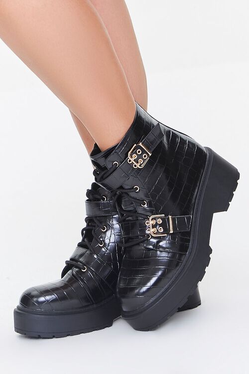 BLACK Faux Croc Leather Combat Boots (Wide), image 1