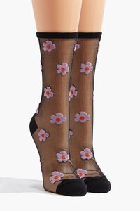 BLACK/MULTI Sheer Mesh Floral Crew Socks, image 1