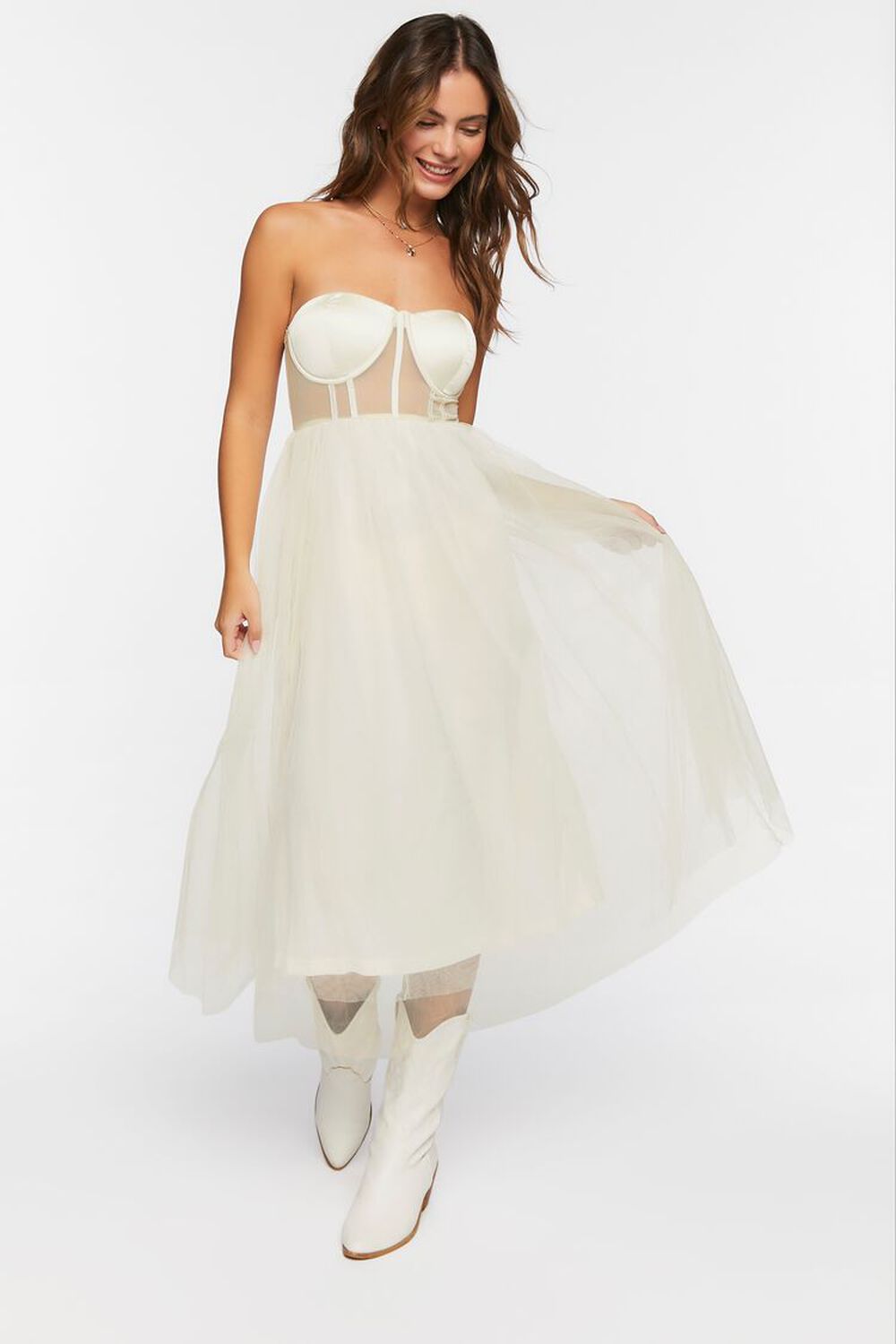 WHITE Strapless Mesh Midi Dress, image 1