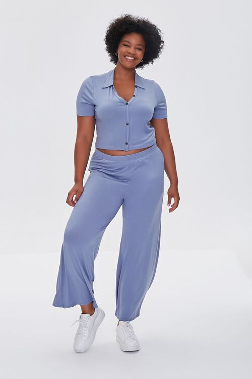 DUSTY BLUE Plus Size Shirt & Wide-Leg Pants Set, image 1