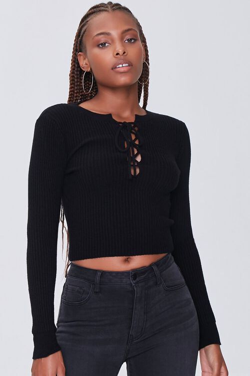 BLACK Ribbed Lace-Up Top, image 1