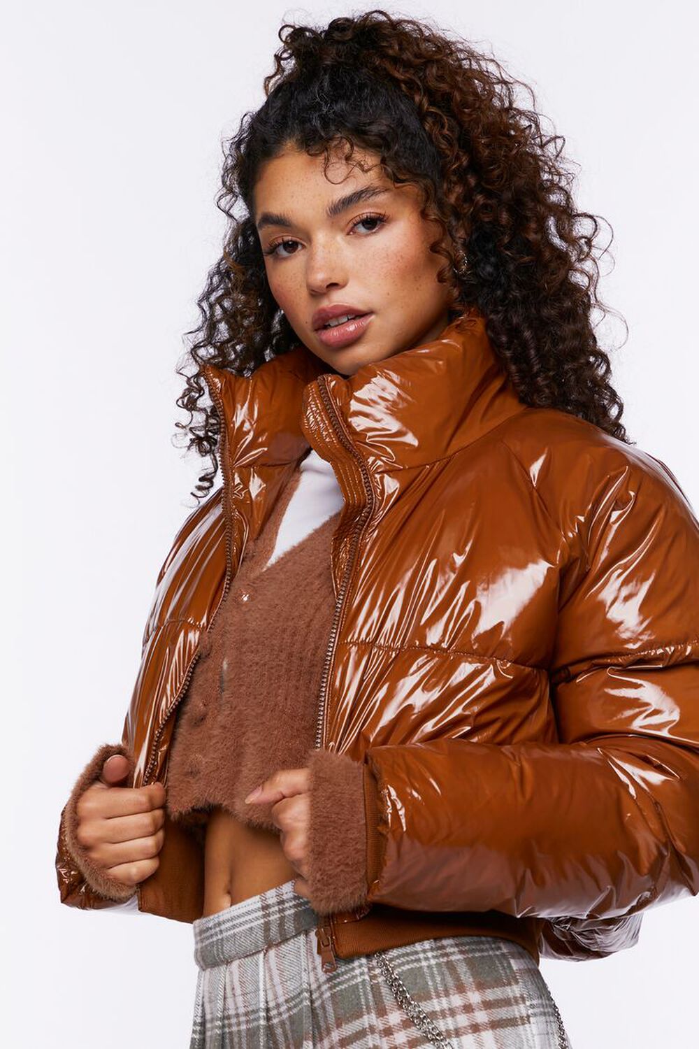 BROWN Faux Patent Leather Puffer Jacket, image 2