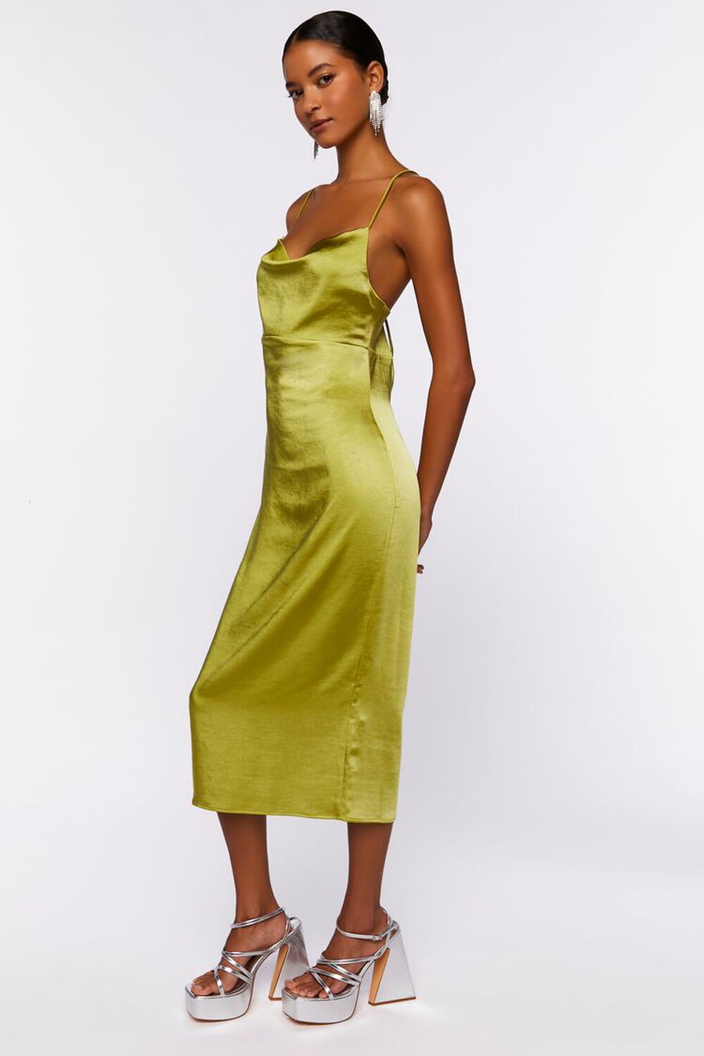 HERBAL GREEN Satin Cowl Midi Slip Dress, image 2