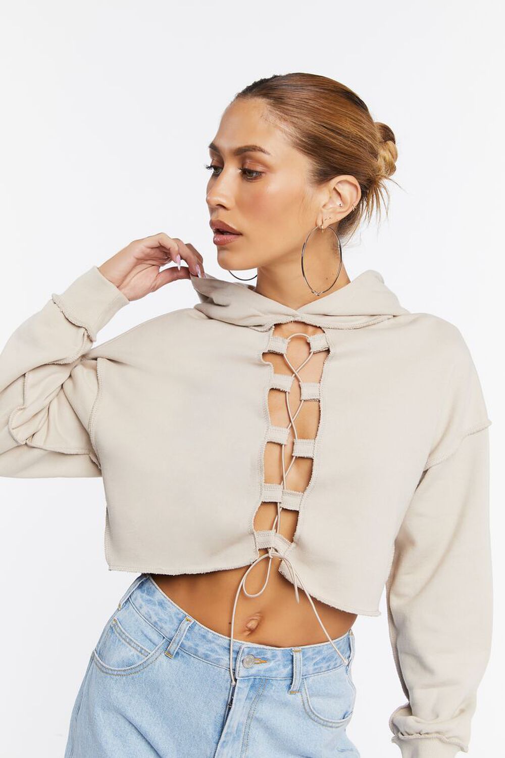 TAUPE French Terry Lace-Up Cropped Hoodie, image 1