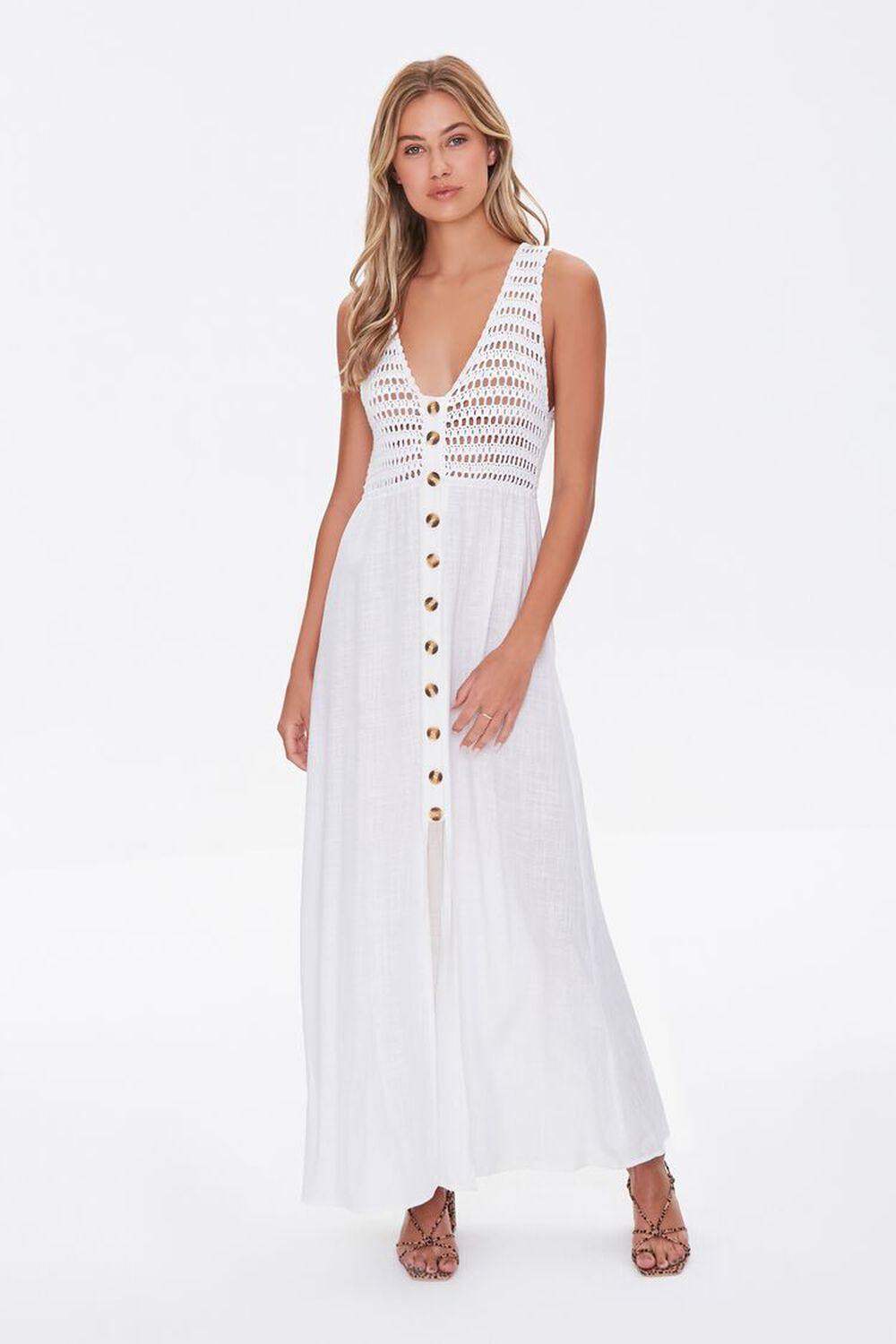 WHITE Gauze & Open-Knit Combo Dress, image 1