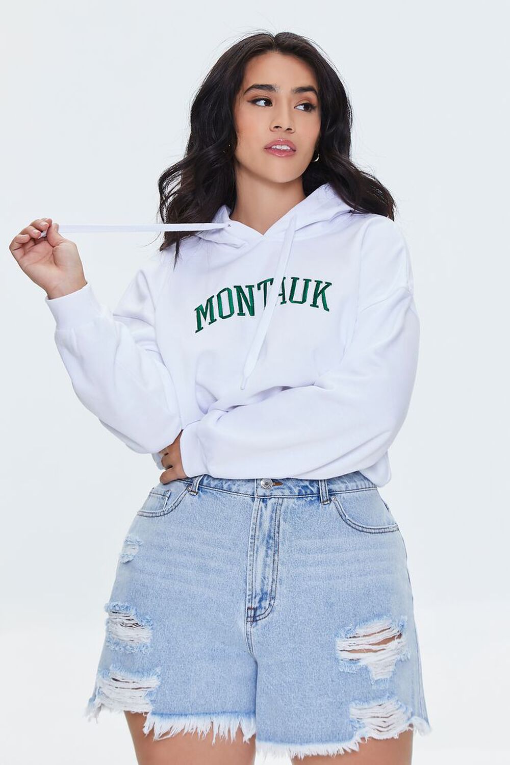 WHITE/GREEN Plus Size Embroidered Montauk Hoodie, image 1