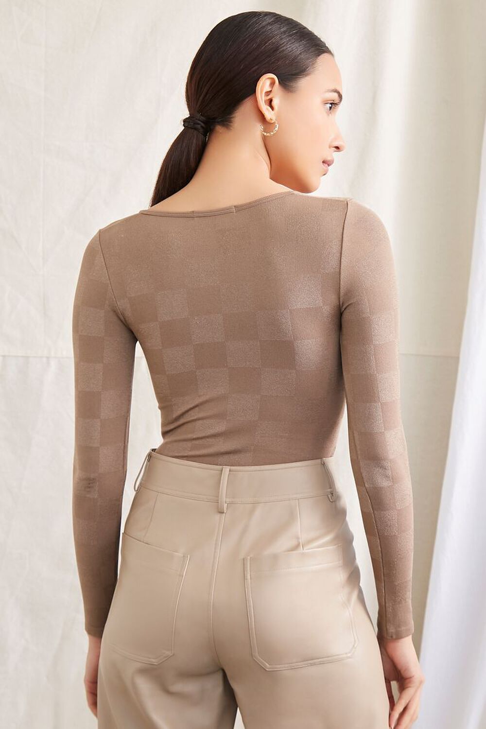TAUPE Checkered Long-Sleeve Bodysuit, image 3