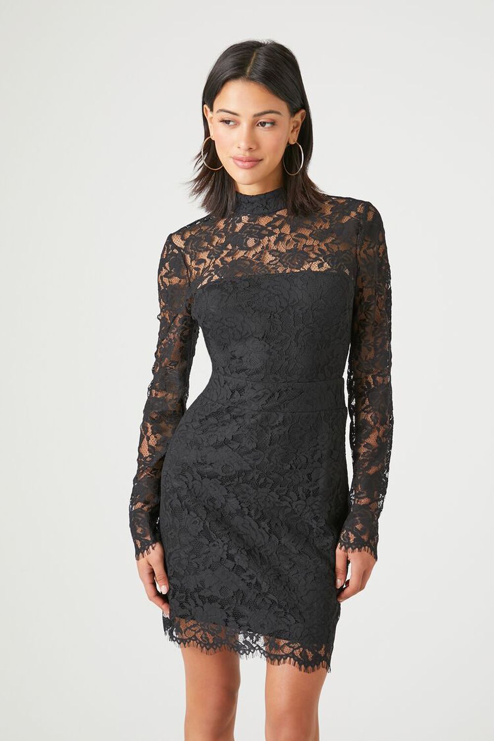 Black Lace Trim High Neck Sheer Top Bodycon Dress