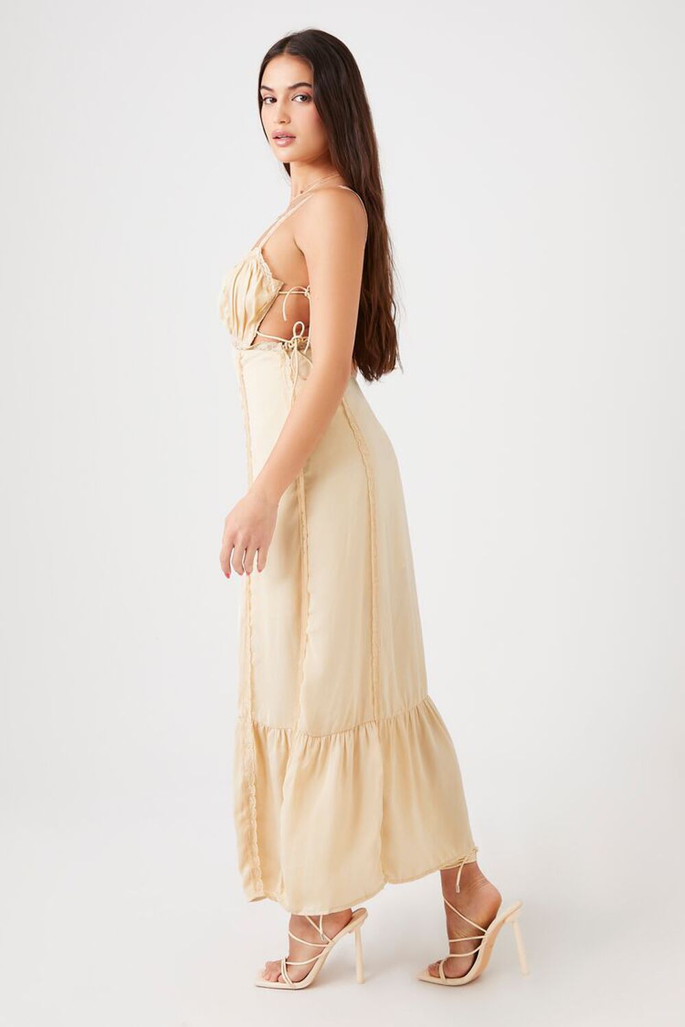 Satin Lace-Trim Cutout Midi Dress, image 2