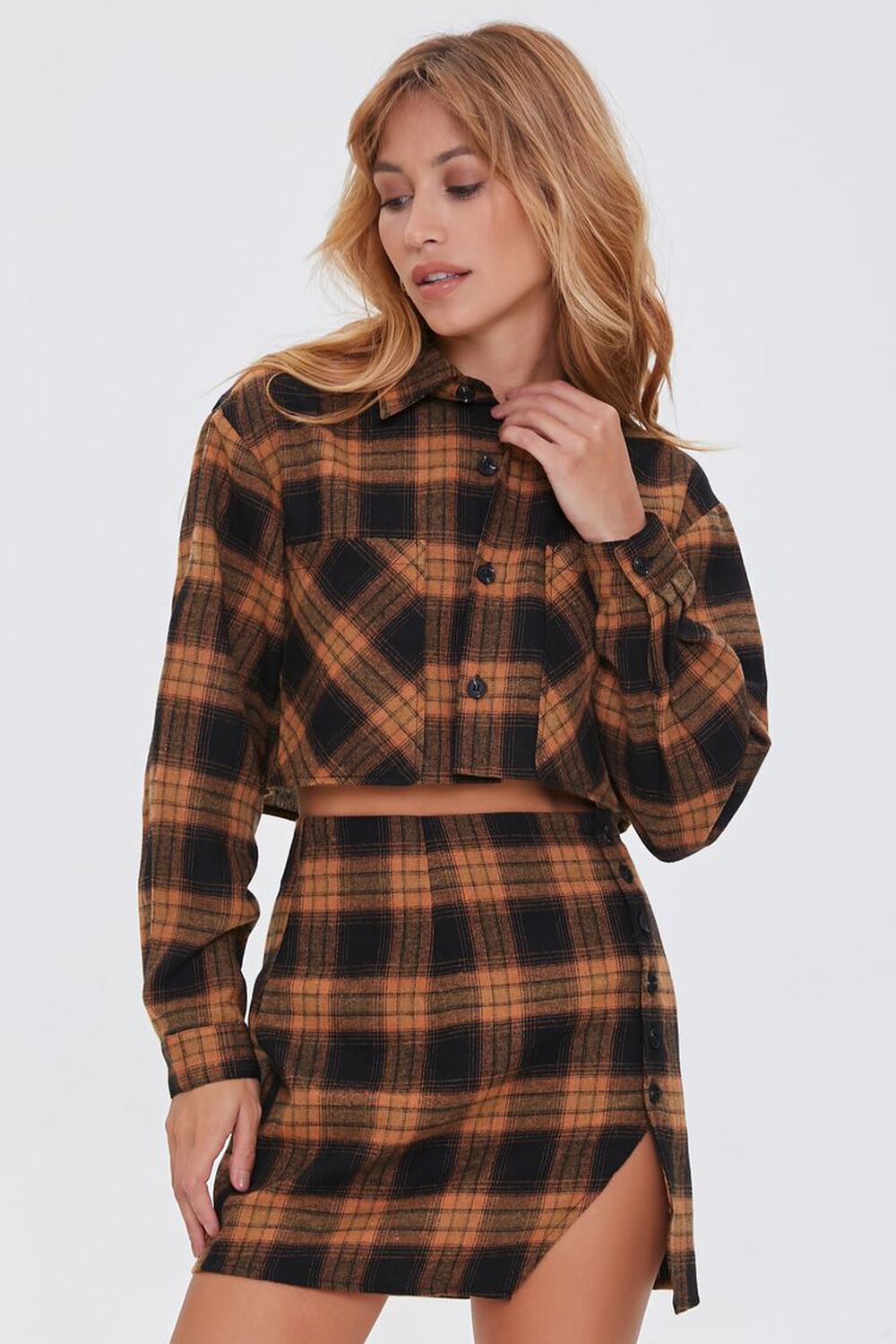 BROWN/BLACK Plaid Shirt & Buttoned Skirt Set, image 1