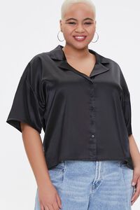BLACK Plus Size Cropped Satin Shirt, image 1