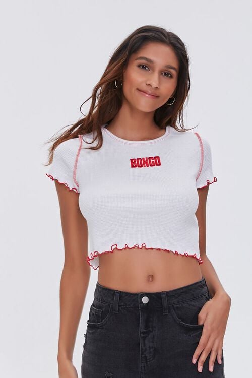 WHITE/RED Bongo Embroidered Crop Top, image 1