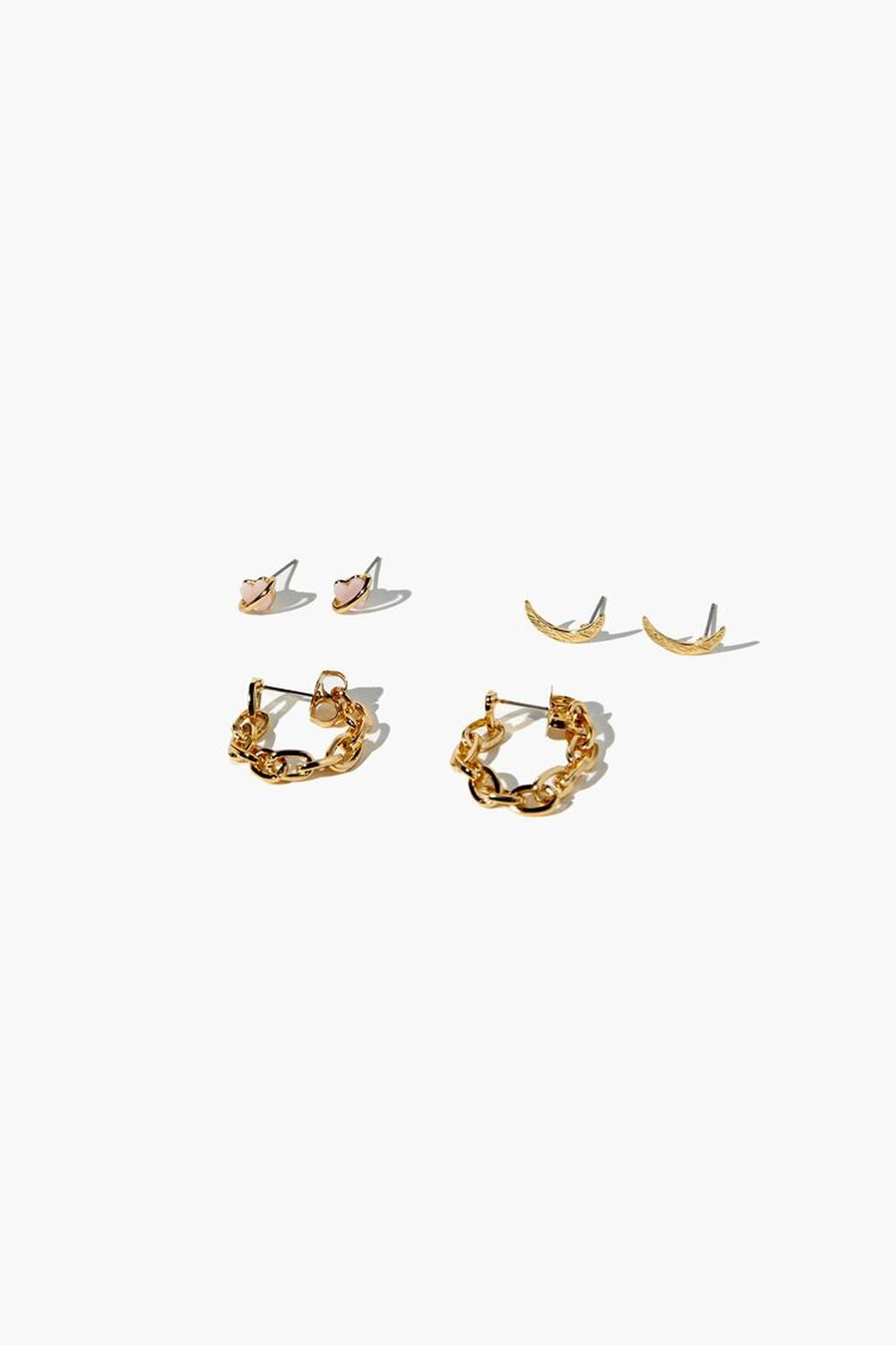 GOLD Heart Charm Stud & Hoop Earrings Set, image 1