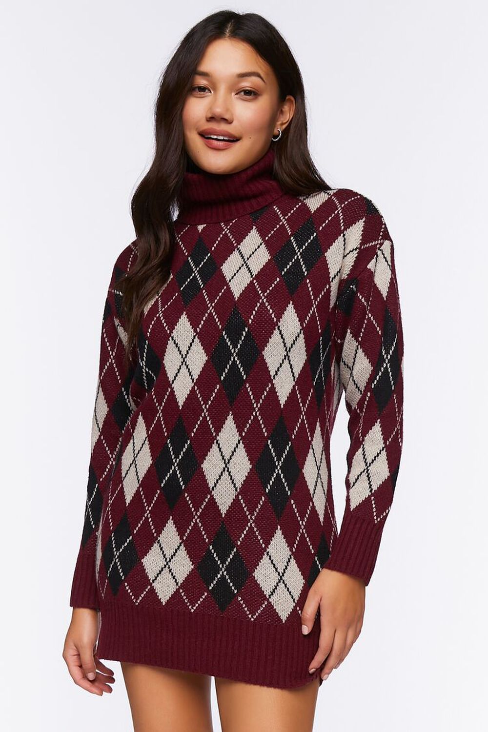 Argyle Turtleneck Mini Sweater Dress