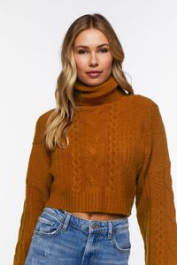 BROWN Cropped Cable Knit Turtleneck Sweater, image 1