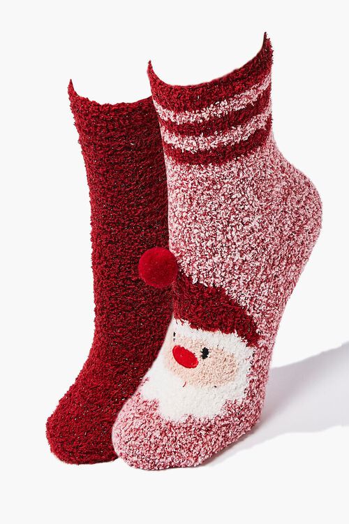 RED/MULTI Santa Graphic Fuzzy Crew Sock Set, image 1