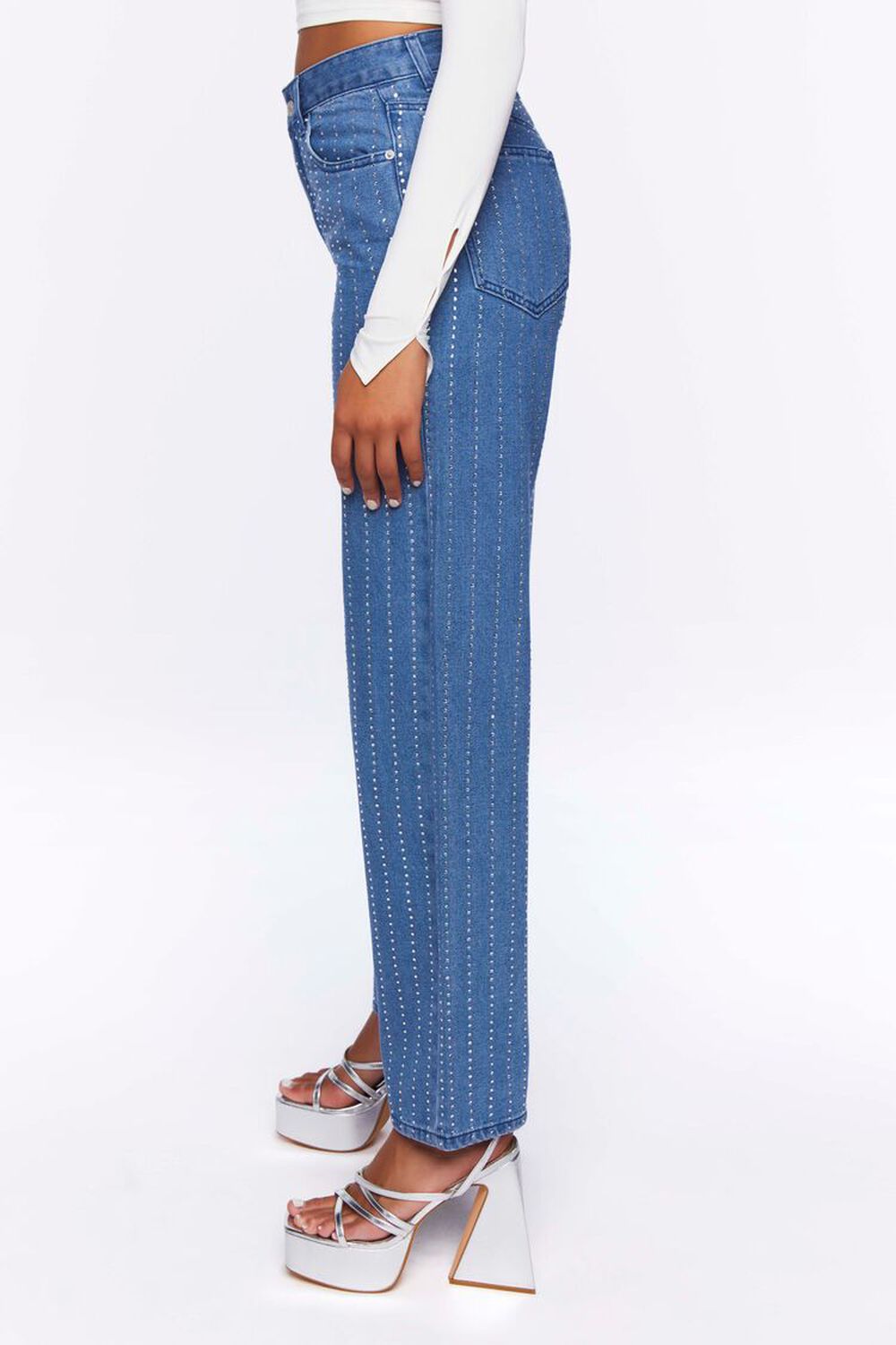 MEDIUM DENIM Rhinestone-Striped 90s-Fit Jeans, image 3