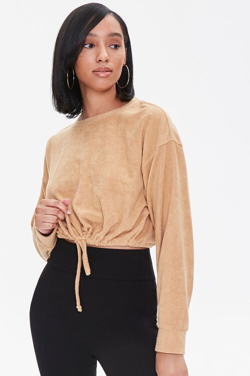 BROWN French Terry Drop-Sleeve Top, image 1